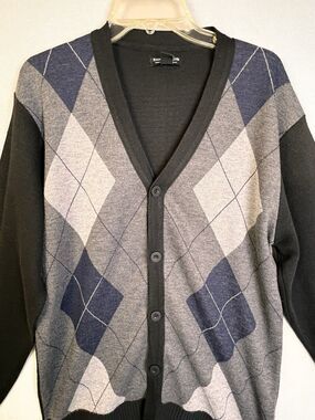 Sahara Club Cardigan Sweater Men's Large Argyle Black Gray Preppy Work Casual